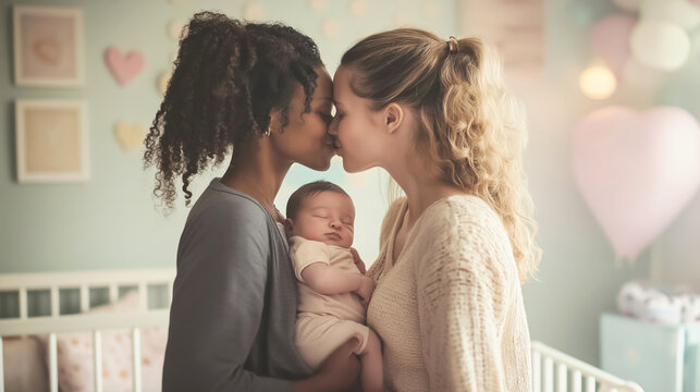 Two mothers are sharing a tender kiss while cradling their newborn baby in a softly decorated nursery
