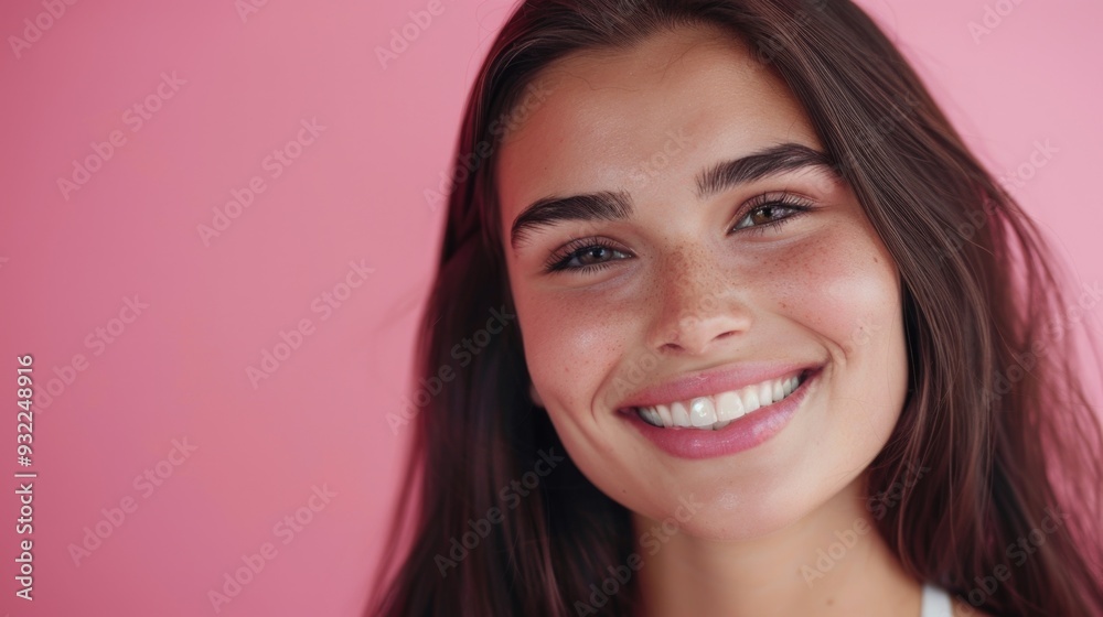 Wall mural A smiling woman with long brown hair posing for the camera