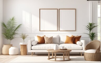 Frame mockup in bright living room design, white sofa in farmhouse boho interior style, 3d render