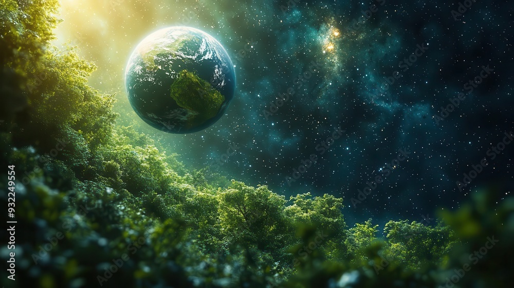 Wall mural miniature lush green planet floating in starry cosmos intricate ecosystems visible aura of life and 