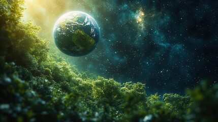 miniature lush green planet floating in starry cosmos intricate ecosystems visible aura of life and possibility