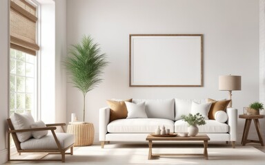 Frame mockup in bright living room design, white sofa in farmhouse boho interior style, 3d render