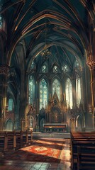 Fototapeta premium The gothic church interior reveals stunning architecture illuminated by colorful stained glass