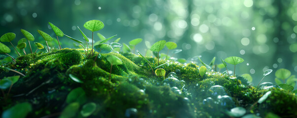 Green Meadow in Sun Rays, Grass Field, Forest Glade, Abstract Nature Background. Plants, Leaves, Fauna, Vegetation. Ecology, Sustainability, Climate Change. Rural Aesthetics, Organic Beauty, Fresh Air