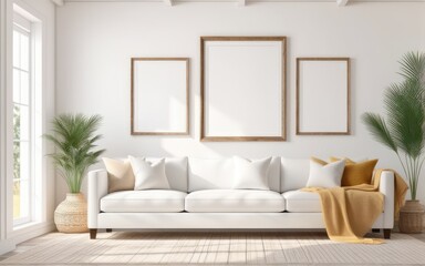 Frame mockup in bright living room design, white sofa in farmhouse boho interior style, 3d render