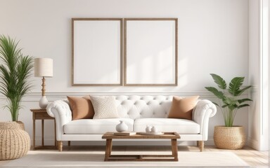 Frame mockup in bright living room design, white sofa in farmhouse boho interior style, 3d render