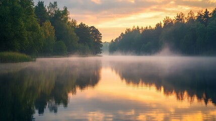 Fototapeta premium A serene lake at sunrise, surrounded by trees and mist, reflecting warm colors.