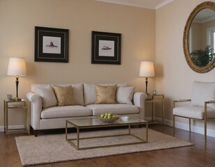 Fototapeta premium Interior image of the beautiful sitting area with a stylish couch, cushions, decorative accessories and photo frame on the wall, Interior design template.