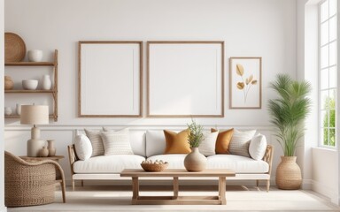 Frame mockup in bright living room design, white sofa in farmhouse boho interior style, 3d render