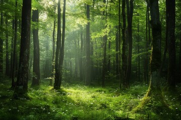 Mystical forest landscape filled with bright flowers and misty light magical woodland