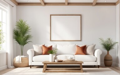 Fototapeta premium Frame mockup in bright living room design, white sofa in farmhouse boho interior style, 3d render