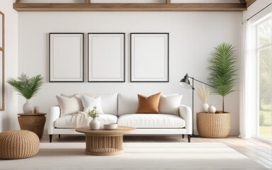 Frame mockup in bright living room design, white sofa in farmhouse boho interior style, 3d render