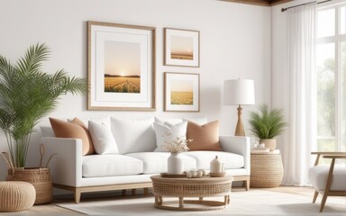 Frame mockup in bright living room design, white sofa in farmhouse boho interior style, 3d render