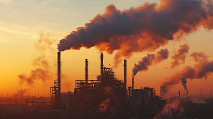 Obraz premium Industrial landscape with smokestacks emitting pollution at sunset.