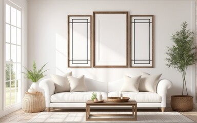 Frame mockup in bright living room design, white sofa in farmhouse boho interior style, 3d render