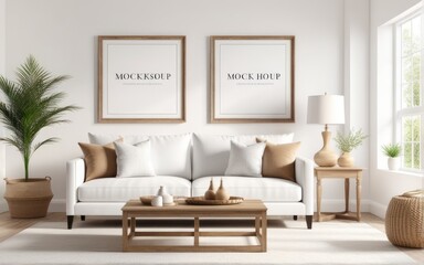 Frame mockup in bright living room design, white sofa in farmhouse boho interior style, 3d render