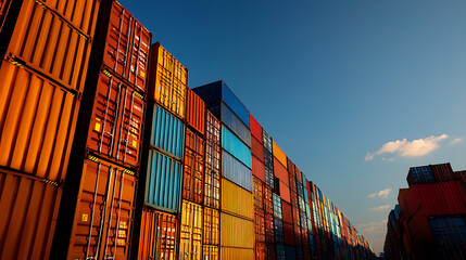 Fototapeta premium A colorful wall of shipping containers stacked high against a clear blue sky.