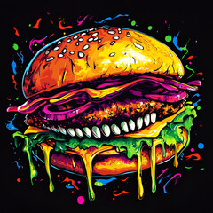 Neon-Infused Double Cheeseburger with Graffiti Splashes