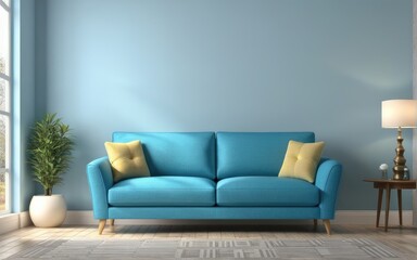 Interior of living room with blue sofa 3d rendering