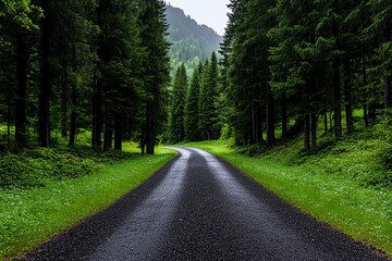 Obraz premium A serene road winding through lush green forest, surrounded by towering trees and misty mountains, perfect for nature lovers.