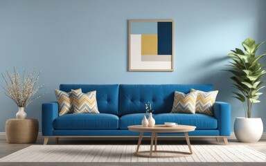 Interior of living room with blue sofa 3d rendering