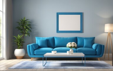 Interior of living room with blue sofa 3d rendering