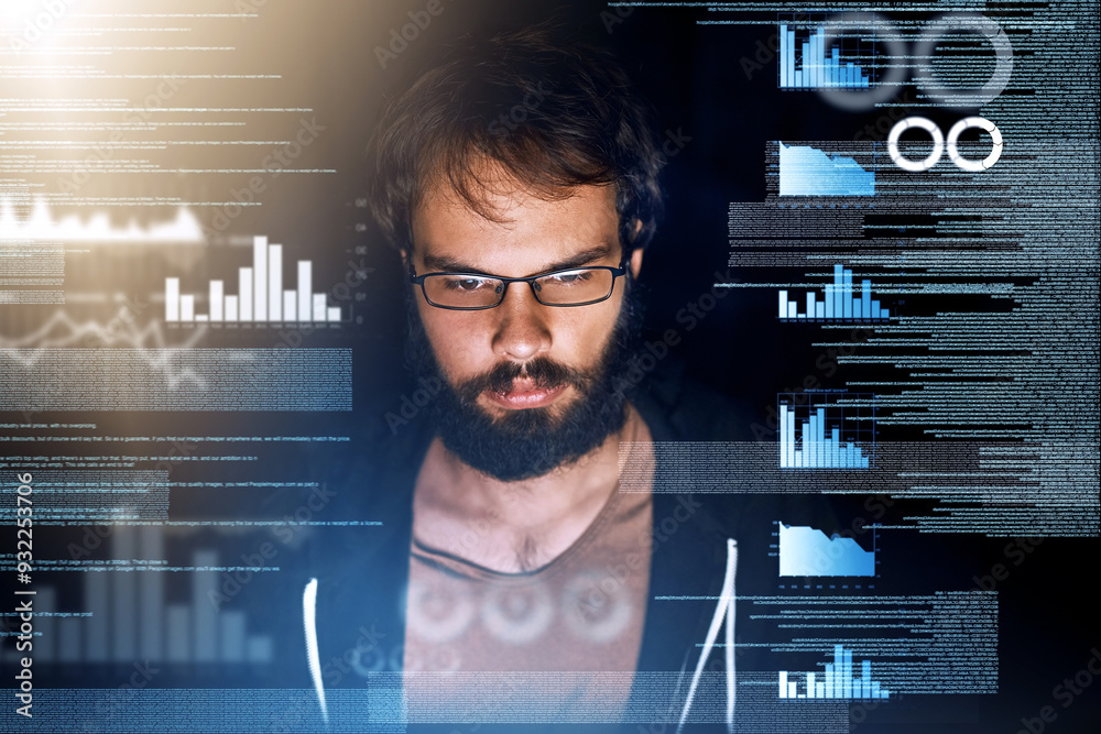 Poster Man, overlay and programming with coding, data and analysis for cyber security and software development. Male person, programmer and information technology during night for cloud computing database