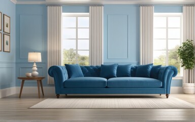 Interior of living room with blue sofa 3d rendering