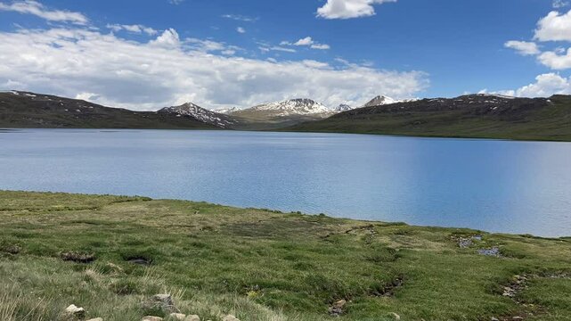 Sheosar lake Timelapse with mountains and clouds. Sheosar lake Timelapse in Deosai National Park, Gilgit Baltistan, Pakistan. 