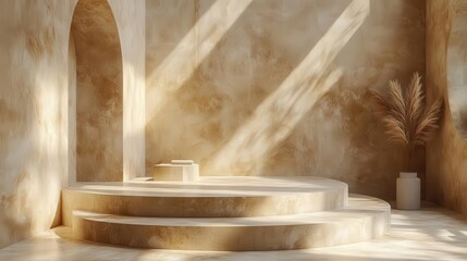 minimalist product display with cylindrical beige podium subtle shadows and clean lines creating an elegant showcase for luxury items