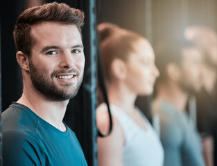 Fitness, portrait and smile with man in gym for start of challenge, class or performance routine. Exercise, face and wellness with confident sports athlete in health club for training or workout