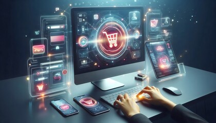 Hands Typing on Futuristic E-commerce Dashboard