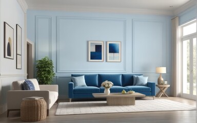 Interior of living room with blue sofa 3d rendering