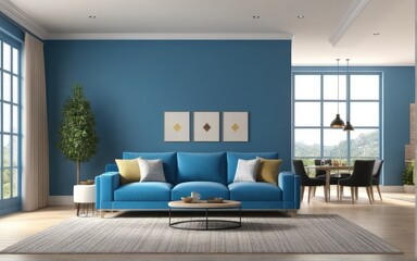Interior of living room with blue sofa 3d rendering