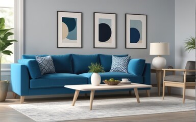 Interior of living room with blue sofa 3d rendering