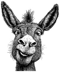 Cartoon donkey portrait in black, isolated 