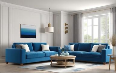 Interior of living room with blue sofa 3d rendering