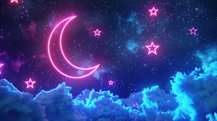 Neon Moon and Stars in a Night Sky