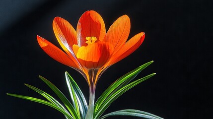 Obraz premium Close-up of orange flower with green leaves on black background