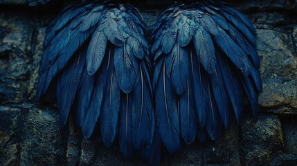 Obraz premium Blue bird close-up on stone wall with water droplets on its wings