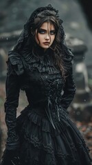 A witch in a dark outfit stands in a misty graveyard, exuding a magical and eerie presence