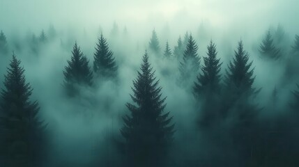misty forest landscape with towering fir trees shrouded in fog muted colors and dreamy atmosphere create a nostalgic vintageinspired scene evoking mystery and tranquility