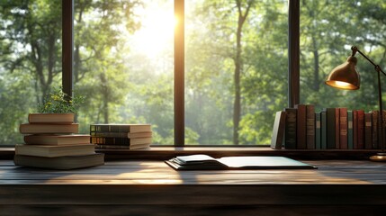 The background of the photo is blurry, showing a workspace and home library with books, a desk lamp, and a wooden table near the window