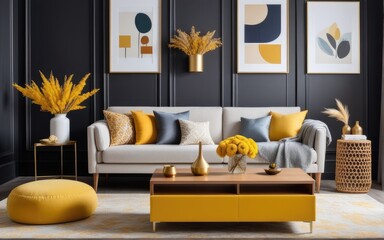 Stylish interior of living room at fancy home with design sofa, yellow side table, dried flowers, pillow, carpet decor and personal accessories in modern home decor. Template. Copy space