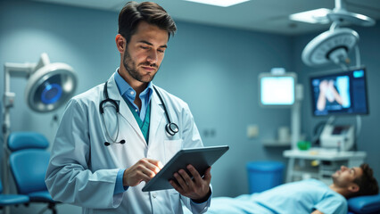 Young Doctor Using Tablet in Hospital Room, Modern Healthcare Technology Concept, Analyzing Patient Documents