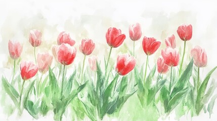 Colorful watercolor tulips in shades of pink create an eye-catching floral landscape ideal for spring-themed decor.