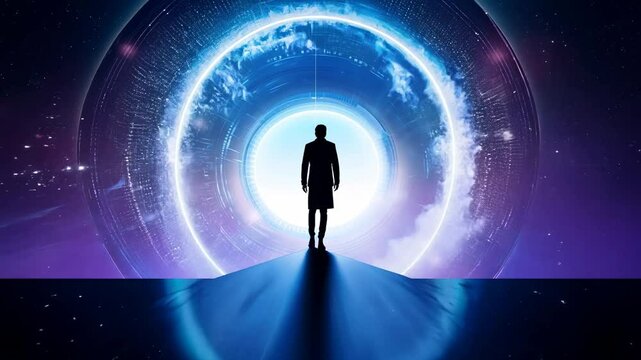 Man Walking Through Futuristic Portal to the Multiverse