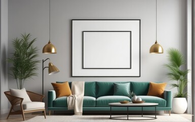 Mock up poster frame in home interior background, Modern style living room, 3D render