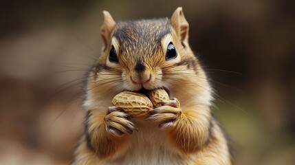 Fototapeta premium A cute chipmunk eats peanuts in the forest.
