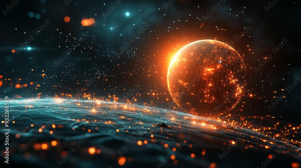 Wall mural galaxy and nebula. an image of a glowing planet in outer space in orange with a mesh pattern. abstra